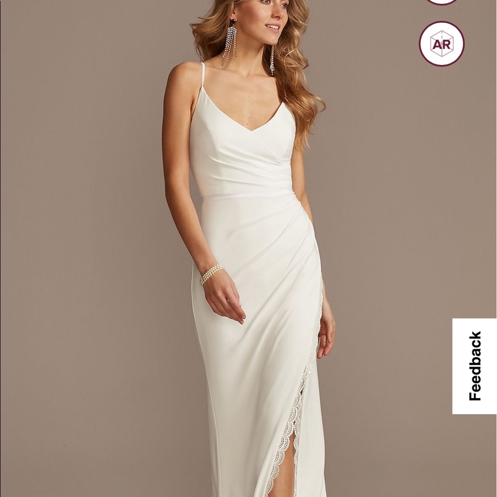 “Ruched Spaghetti Strap Jersey Dress with Lace Slit”